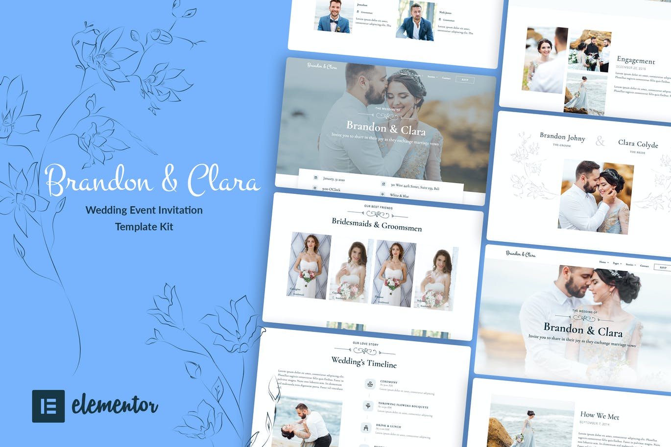 Brandon&Clara-婚礼活动邀请 Elementor模板套件