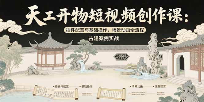 天工开物短视频创作课：插件配置与基础操作，场景动画全流程 古建案例实战