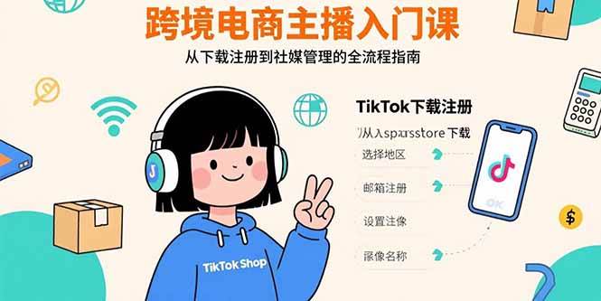 跨境电商主播入门课，TikTok下载注册，支付工具配置，社媒账号管理全流程