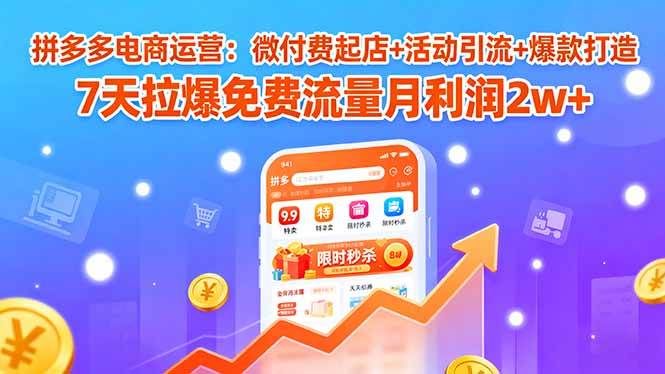 拼多多电商运营：微付费起店+活动引流+爆款打造 7天拉爆免费流量月利润2w+