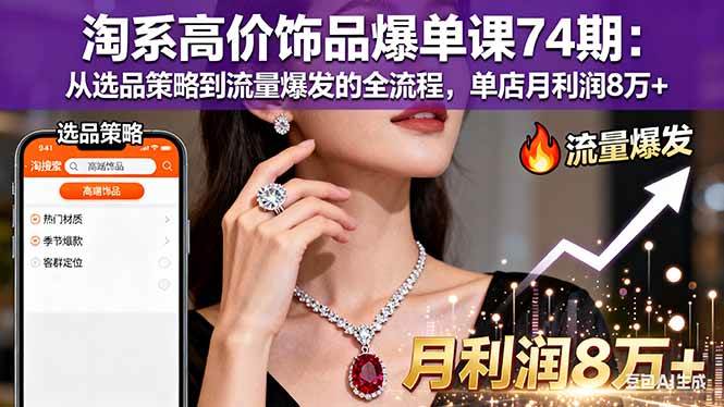 淘系高价饰品爆单课74期：从选品策略到流量爆发的全流程，单店月利润8万+