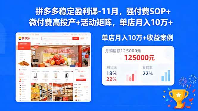 拼多多稳定盈利课-11月，强付费SOP+微付费高投产+活动矩阵，单店月入10w+