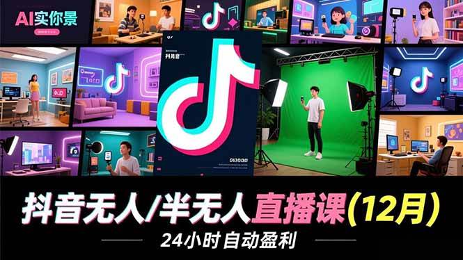 抖音无人/半无人直播课(12月)，AI实景、数字人、绿幕、多种玩法、24小时自动盈利