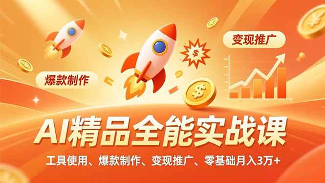 AI精品全能实战课，工具使用、爆款制作、变现推广，零基础月入3万+